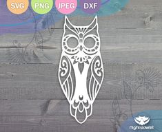 an owl cutout is shown on a wooden background with the words svg png jpec dxf