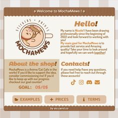 the website for mochame's coffee shop is shown in brown and white