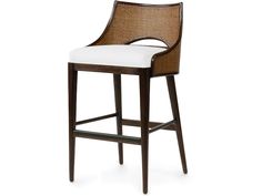 an upholstered bar stool with a white cushion on the seat and backrest