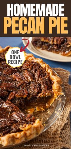 homemade pecan pie on a plate with the words, one bowl recipe below it