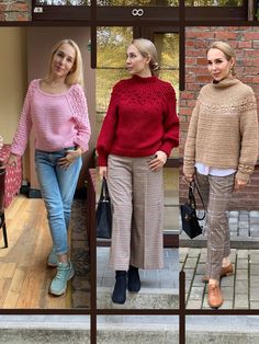 three women in different sweaters and pants standing on the steps with their hands in their pockets