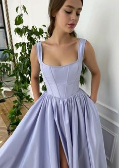 Prom Dress With Pockets, Lavender Prom Dresses, Corset Gown, Satin Homecoming Dress, Prom Dresses With Pockets, Prom Dress Ideas, Exclusive Dress, Floor Length Gown, Satin Prom Dress