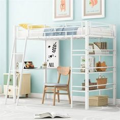 a white loft bed sitting next to a desk and bookshelf in a room