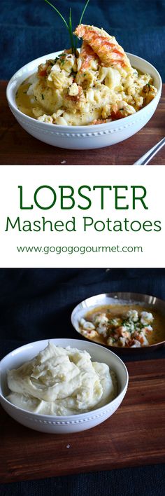 lobster mashed potatoes in a white bowl on a wooden table with text overlay that reads lobster mashed potatoes