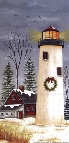 a painting of a lighthouse with wreaths on it