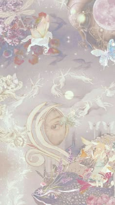 a woman with long hair is surrounded by flowers and other things in the sky above her