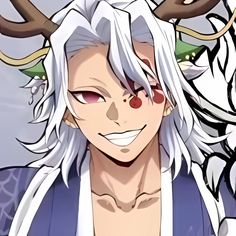 an anime character with white hair and horns