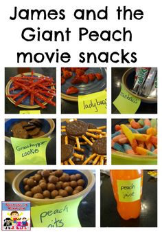 some food that is on top of a table and in front of the words james and the giant peach movie snacks