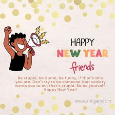 a happy new year greeting card with a cartoon character holding a megaphone in his hand