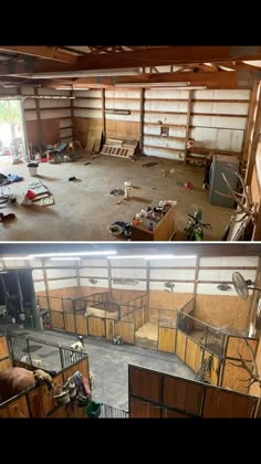 before and after photos of an unfinished building with wood paneling on the walls, in which there are no doors or windows