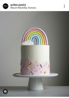 a rainbow cake with sprinkles and frosting on a white plate against a gray background