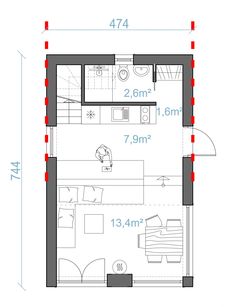 the floor plan for a small apartment with an attached bathroom and living room, as well as