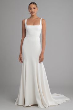 Jenny_Yoo_Collection_Bridal_Elliot_Wedding_Dress_Square_Neck_front_2 Square Neck Wedding Dress, Jenny Yoo Bridal, Jenny Yoo Collection, Minimal Wedding Dress, Top Wedding Dress Designers, Neck Wedding Dress, Timeless Wedding Dress, Chic Brides, Fit And Flare Skirt