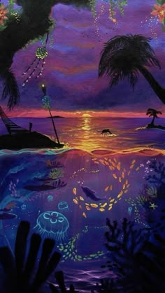 a painting of the ocean at night with palm trees and other things in the water