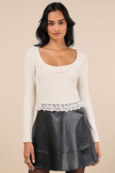 Your OOTD will be undeniably adorable with the Lulus Coquette Appeal Cream Pointelle Lace Long Sleeve Top! Stretchy knit fabric, with a pierce pointelle pattern throughout, shapes long sleeves and a flattering scoop neckline. Fitted bodice continues down to a cropped hem. Adorable, embroidered lace-like trim lines the neckline and hem. Fit: This garment fits true to size. Length: Size medium measures 18.5" from shoulder to hem. Bust: Great for any cup size. Waist: Fitted - stretchy fabric allows Lace Long Sleeve Top, Lace Top Long Sleeve, Lace Long Sleeve, Cup Size, Embroidered Lace, Fitted Bodice, Long Sleeve Lace, Stretchy Fabric, Scoop Neckline