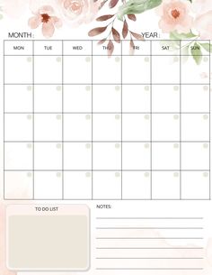 the printable calendar is shown with flowers on it