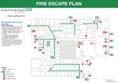 the fire escape plan is shown with red and green arrows pointing to different locations on it