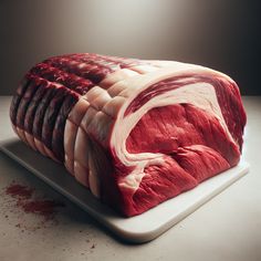 a large piece of raw meat sitting on top of a cutting board