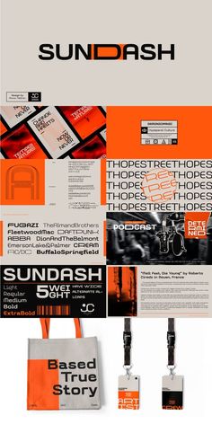 the sundash logo and its identity are displayed in orange, black and white