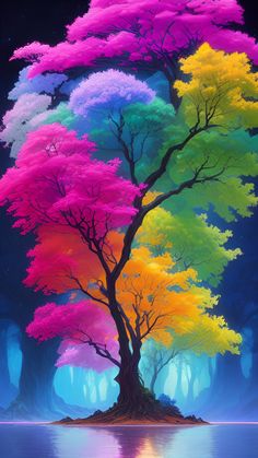 a painting of a colorful tree with water in the foreground