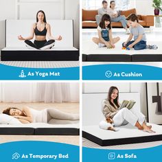 four different types of mattresses with pictures of people doing yoga, reading and sitting on them