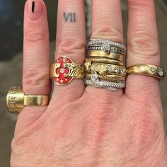 Mix Metals Rings, Ring Stacks Mixed Metal, Stacked Rings Gold, Silver And Gold Ring Stack, Mixed Metals Ring Stack, Ring Stack Aesthetic, Mixed Metals Rings, Mixed Metal Ring Stack, Ring Stacking Ideas