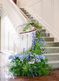 blue flowers and greenery are growing on the stairs in front of a white staircase