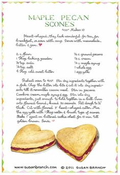 the recipe for maple pecan scones is written in cursive writing and surrounded by two heart shaped cookies