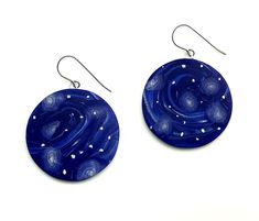 Polymer Clay Earrings - Swirling milky way and tiny stars scatter across the velvety indigo hues of these subtly domed earrings. The big dipper winks at you if you can find it in this homage to open starry skies and dreamy nights. Generous in size but light as ever.The French hooks are made of surgical steel The Big Dipper, Dome Earrings, Flower Chandelier, Big Dipper, Orange Dots, Polymer Earrings, Silver Cloud, Sculptural Object, Tiny Star