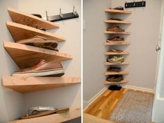 there are two shelves with shoes on them