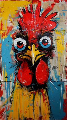 a painting of a rooster with blue eyes