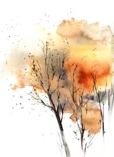 watercolor painting of trees with orange sky in the background