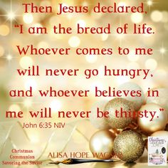 a christmas message with ornaments on it and the words jesus delivered i am the bread of life whoever comes to me will never go hungry