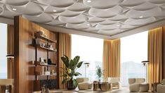 a living room filled with furniture and lots of windows covered in white paper circles hanging from the ceiling