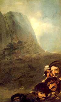 an oil painting of three men in the mountains with one man holding his head up