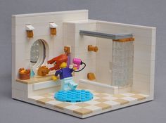 a lego model of a person in a bathroom with a sink and mirror, holding a blow dryer