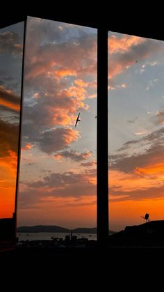 a bird flying in the sky at sunset or dawn with clouds and water seen through two windows