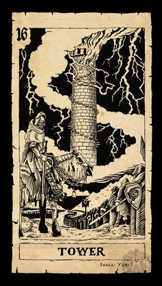 the tower tarot card is shown in black and white