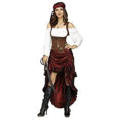 a woman in a pirate costume is posing for the camera with her hands on her hips