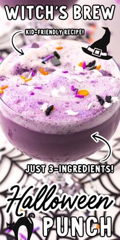 a purple drink with sprinkles and witches on it