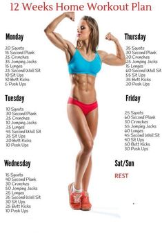 a woman in a blue top and red shorts flexing her muscles for the 12 week home workout plan