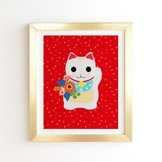 a white cat holding a bouquet of flowers on a red background with polka dotes