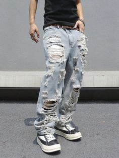 Light Wash  Collar  Denim Plain Straight Leg Embellished Non-Stretch  Men Clothing Stacked Jeans, Ripped Jeans Men, Frayed Jeans, Jeans Cargo, Streetwear Men, Loose Fit Jeans, Cargo Jeans, Light Wash Denim