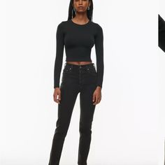 Color: Black Eyeliner Cigarette Leg Style Black Slim Fitted Jeans, Black Fitted Mid-rise Jeans, Fitted Mid-rise Black Jeans, Cropped Black Denim Jeans, High Rise Fitted Black Jeans, Chic Black Cropped Jeans, Edgy Black Jeans For Everyday Wear, Edgy Black Everyday Jeans, Fitted Black Jeans For Everyday