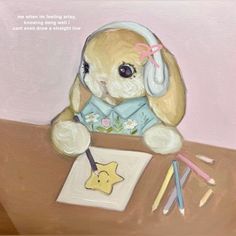 a painting of a teddy bear with headphones on sitting at a desk next to some pencils