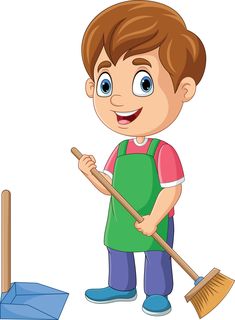 a young boy sweeping the floor with a broom and dustpan illustration by alex martin