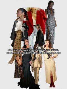 a collage of different types of women in dresses and jackets with words on them