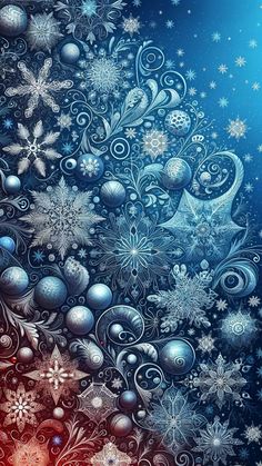 an abstract christmas background with snowflakes and balls on blue, red and white