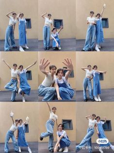 several pictures of people doing different poses together