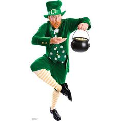 a man dressed as a lepretiun with a pot of gold in his hand